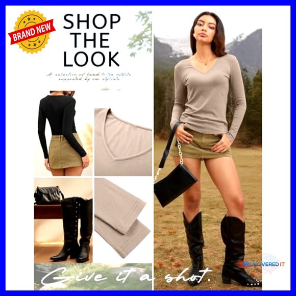 Long Sleeve V Neck T-Shirts Cotton Slim Fit Layering Basic Tees Casual - Picture 6 of 7